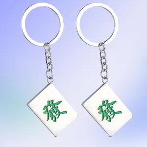 Chinese Style Mahjong Fa Character Lucky Keychain Zinc Alloy Silver Green Fortune Pendant For Car Bag Accessory Jewelry Charm