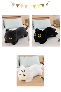 Cute black cat plush toy lying kitten sleeping pillow soft doll for kids and home decor details