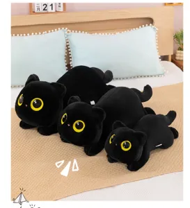 Cute black cat plush toy lying down cat sleeping pillow doll kids stuffed animal gift for home decor