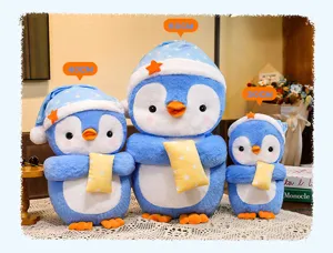 Cute blue penguin plush toy with nightcap and pillow, soft stuffed animal doll, 30-50cm sizes.