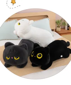Cute black cat plush toy sleeping pillow, soft stuffed animal doll for kids home decor.