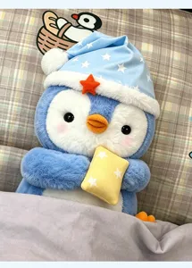 Cute blue penguin plush toy with sleeping cap and pillow, soft stuffed animal gift for kids.