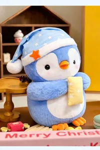 Cute blue sleepwear penguin plush toy with cute nightcap and soft pillow for kids gift.