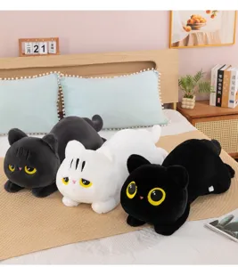 Cute black cat plush toy, soft sleeping kitty pillow, cute stuffed animal doll for kids.