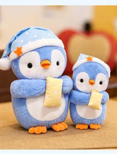 Cute blue penguin plush toy detail, soft nightcap and star pillow design, cozy stuffed animal.