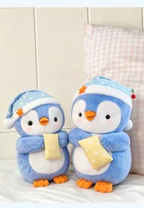 Cute sleeping penguin plush toy detailed view, soft stuffed animal doll for kids gift.