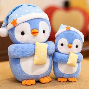 Cute Pajama Penguin Plush Toy Stuffed Animal Soft Doll With Star Sleeping Hat And Pillow Kids Birthday Gift