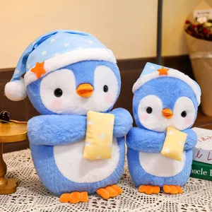 Cute sleeping penguin plush toy set with nightcap and pillow, soft stuffed animal gift for kids.