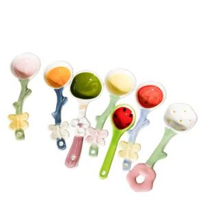 Ceramic spoons set, colorful cute flower and butterfly design dessert coffee spoons for home use.