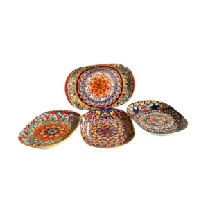 Bohemian ceramic dinner plate set, vibrant mandala floral pattern tableware for kitchen and dining.