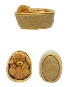 Cute sleeping puppy plush toy in a woven basket, soft stuffed animal gift for kids.