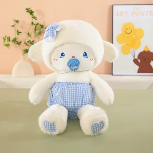 Cute white sheep plush toy with pacifier and blue plaid shorts soft soothing doll for kids