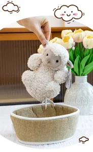 Cute fluffy lamb plush toy detailed shot, soft stuffed animal doll for kids gift.