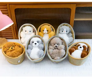 Detailed view of cute animal plush toys in woven baskets, perfect as lovely children gifts.