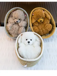 Cute plush puppy toys in woven baskets, soft stuffed animal dolls for kids birthday gifts