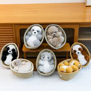 Cute animal plush toys set in woven baskets soft stuffed dolls for kids birthday gift