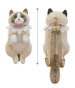 Cute ragdoll cat plush backpack detail view, featuring soft fur, lace collar and adjustable straps.