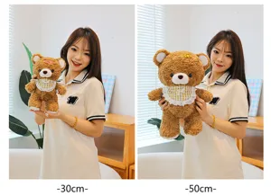 Cute mocha brown teddy bear plush toy with lovely plaid bib and pretty hairclip for kids.