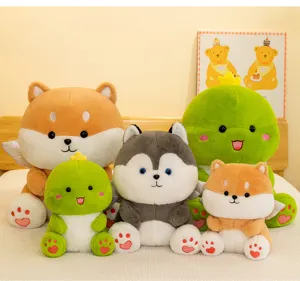 Ensemble de peluches Shiba Inu husky et dinosaure douces animaux en peluche oreiller cadeau.