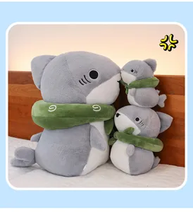 Cute shark plush toy set, soft stuffed cartoon shark pillow and doll for kids and girls room decor.