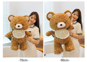 Cute mocha brown teddy bear plush toy with plaid bib, soft hugging doll, 70cm and 90cm sizes.