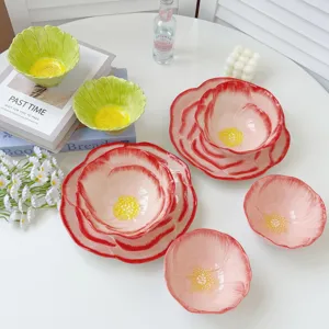 Hand-painted ceramic flower bowl set, unique rose petal texture, underglaze kitchen tableware.
