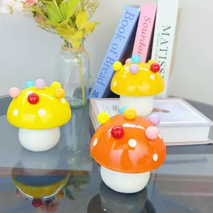 Cute ceramic mushroom storage jar set with fruit forks, creative kitchen tableware decor.