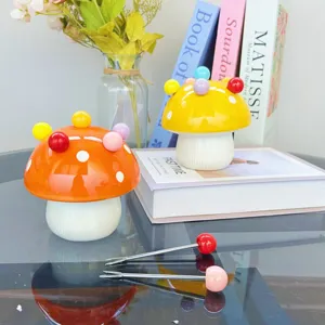 Cute mushroom ceramic storage jar set with stainless steel fruit forks for home dessert decor