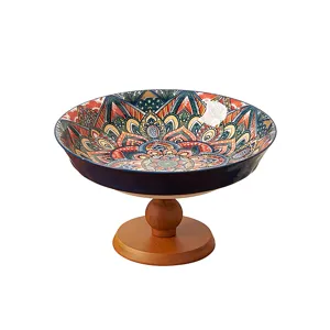 Ciotola per frutta in ceramica boho con supporto in legno e motivo mandala piatto snack