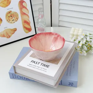 Hand-painted ceramic flower bowl detail, pink petal tabletop decor prop, aesthetic tableware.