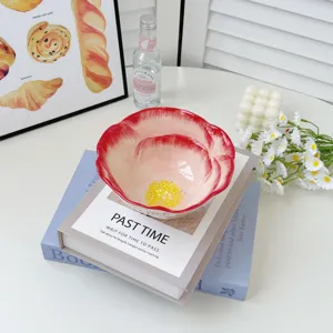 Hand-painted ceramic flower bowl with exquisite rose petal texture and underglaze color.