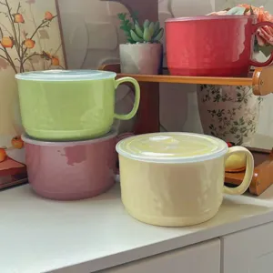 Macaron Keramik Instant Nudel Schüssel Große Kapazität Tasse Mit Deckel Und Griff Mikrowellengeeignet Süßes Schüler Büro Geschirr