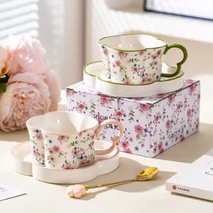 Juego de Tasa y Platillo de Café de Cerámica Trébol Lujo Tasa de Té Exquisita con Patrón Floral Caja de Regalo