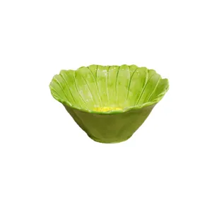 Handmade green ceramic flower bowl, petal shaped cute tableware for kitchen dining table decor.