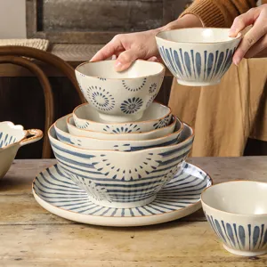 Japanse stijl keramisch servies kom en schaal set met blauw onderglazuur patroon thuis