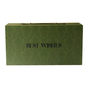 Elegante scatola regalo verde con motivo damascato classico e manico per ogni occasione.