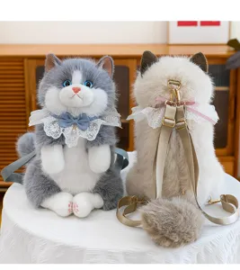 Cute simulation ragdoll cat plush backpack for girls and kids, soft stuffed toy doll bag.