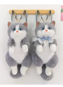 Cute grey ragdoll cat plush backpack for girls, soft toy school bag and daily fashion accessory.