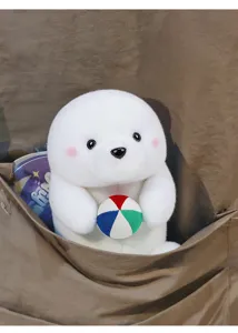 Cute white seal plush toy doll holding a colorful ball, soft comforting companion gift for kids.
