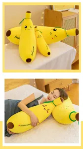 Cute banana plush pillow detail view showing soft fruit doll design and comfortable touch.