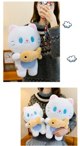 Adorable gato de peluche con pez para niñas, cojín de dibujos animados suave y bonita decoración.