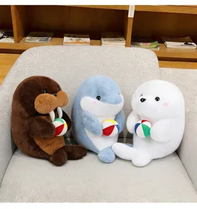 Cute plush animal toys, walrus dolphin seal plushies with colorful balls for kids gift