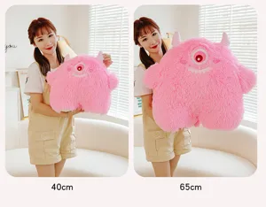 Cute pink one-eyed monster plush toy pillow, soft furry doll in 40cm and 65cm sizes.