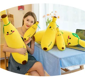 Detailed scene of cute banana plush pillow toy with model, soft stuffed fruit doll decoration.