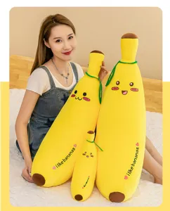 Cute banana plush toy detail view, featuring ultra-soft fabric and sweet embroidered facial expressions.