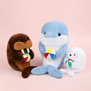 Cute plush animal dolls set featuring walrus, dolphin and seal holding small colorful balls.