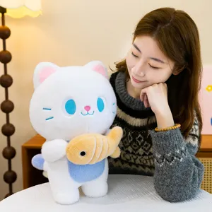 Lindo gato blanco de peluche con pez amarillo muñeca cojín suave regalo de cumpleaños para niños.
