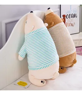 Cute polar bear plush pillow toy with striped shirt, soft stuffed doll for kids and girls.