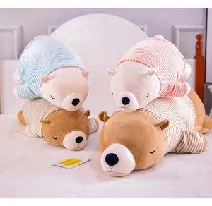 Cute striped pajama bear plush pillow details, soft stuffed doll for kids and girls gift.
