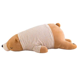 Cute sleeping bear plush pillow stuffed toy with striped pajamas soft cushion gift for kids.